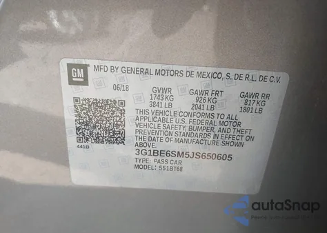 2018 Chevrolet Cruze Lt Auto z USA, uszkodzony, nr VIN 3G1BE6SM5JS650605